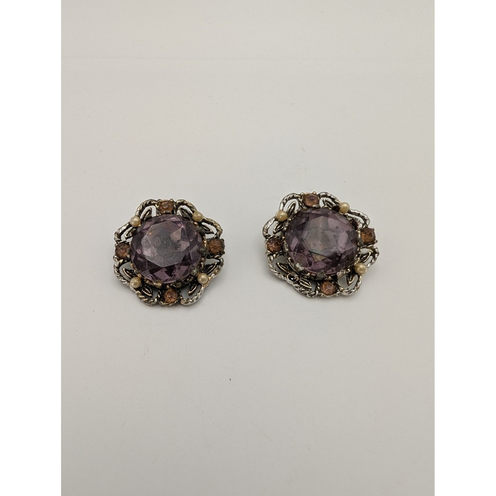 Vintage Purple Glass Rhinestone Faux Pearl Silver Tone Clip On Earrings Ornate